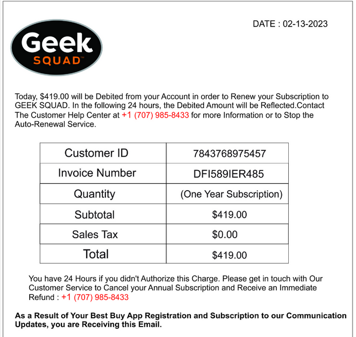 Geek Squad Scam Email